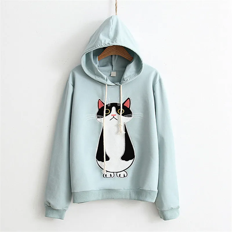 Standing Cat Embroidered Solid Color Hoodies