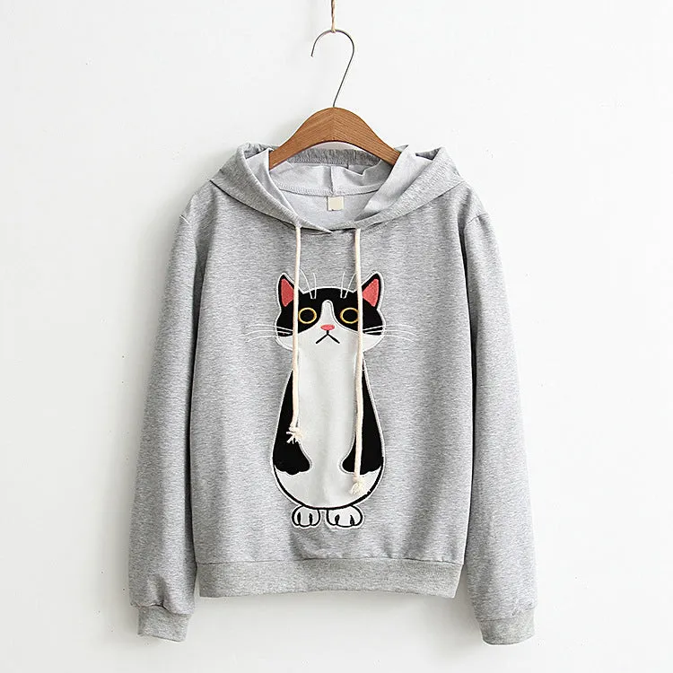 Standing Cat Embroidered Solid Color Hoodies