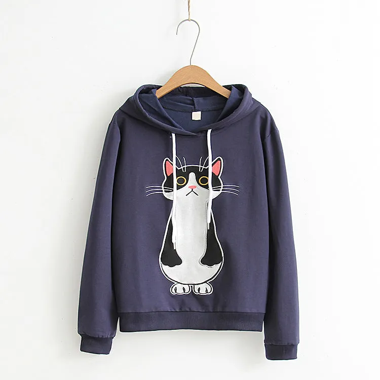 Standing Cat Embroidered Solid Color Hoodies