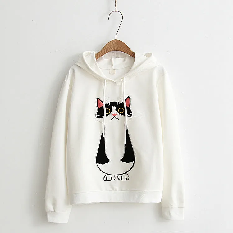 Standing Cat Embroidered Solid Color Hoodies