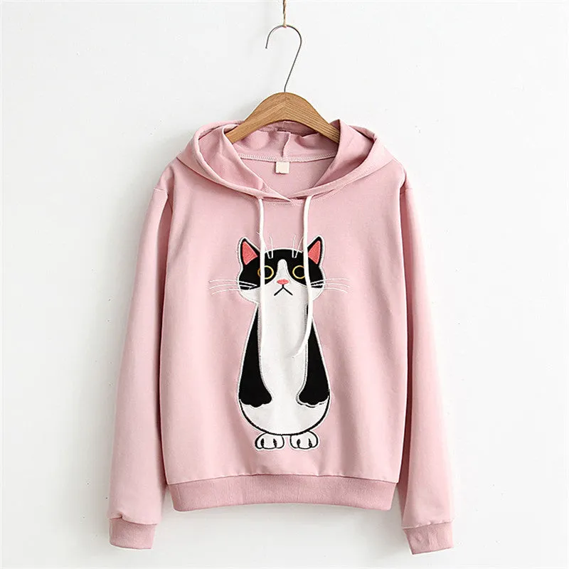 Standing Cat Embroidered Solid Color Hoodies