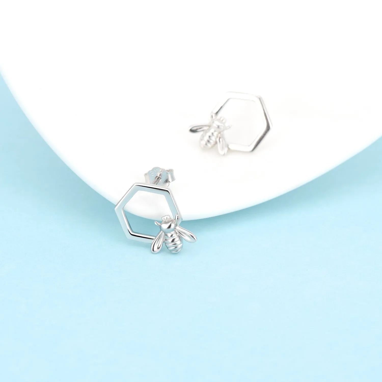 Sterling Silver Bee and Honeycomb Stud Earring