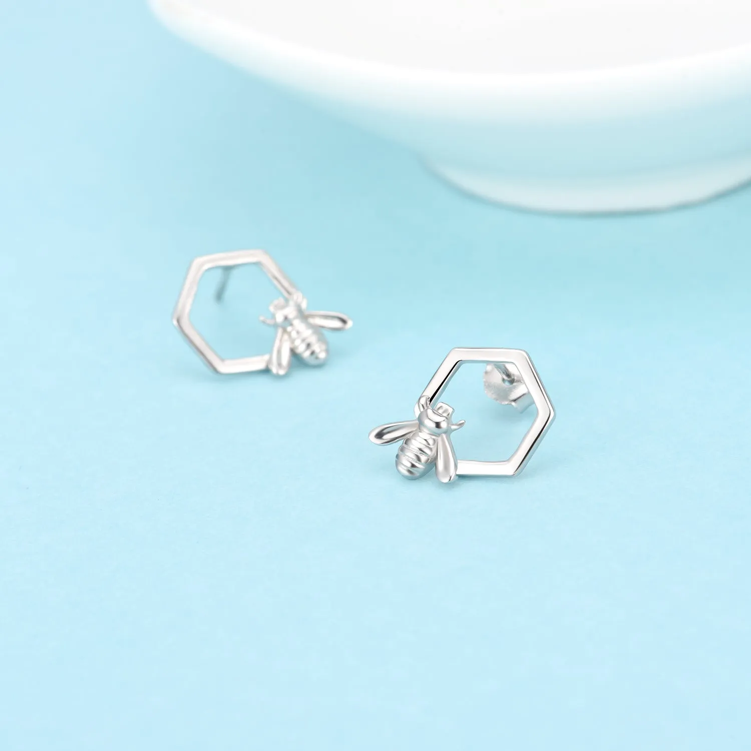 Sterling Silver Bee and Honeycomb Stud Earring