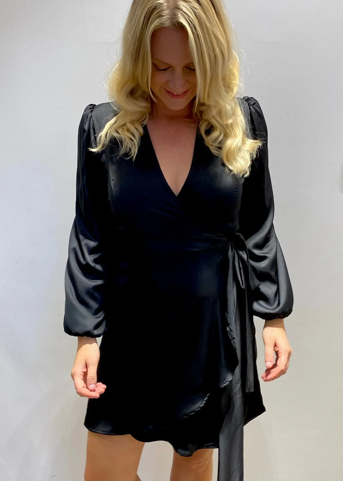 The Perfect Little Wrap Dress - Black Satin