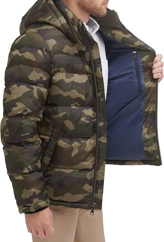 Tommy Hilfiger Men's Green Camo Quilted Puffer Hooded Jacket