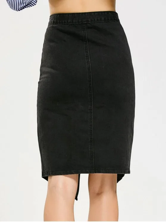 Trendy Asymmetrical Button Up Denim Skirt