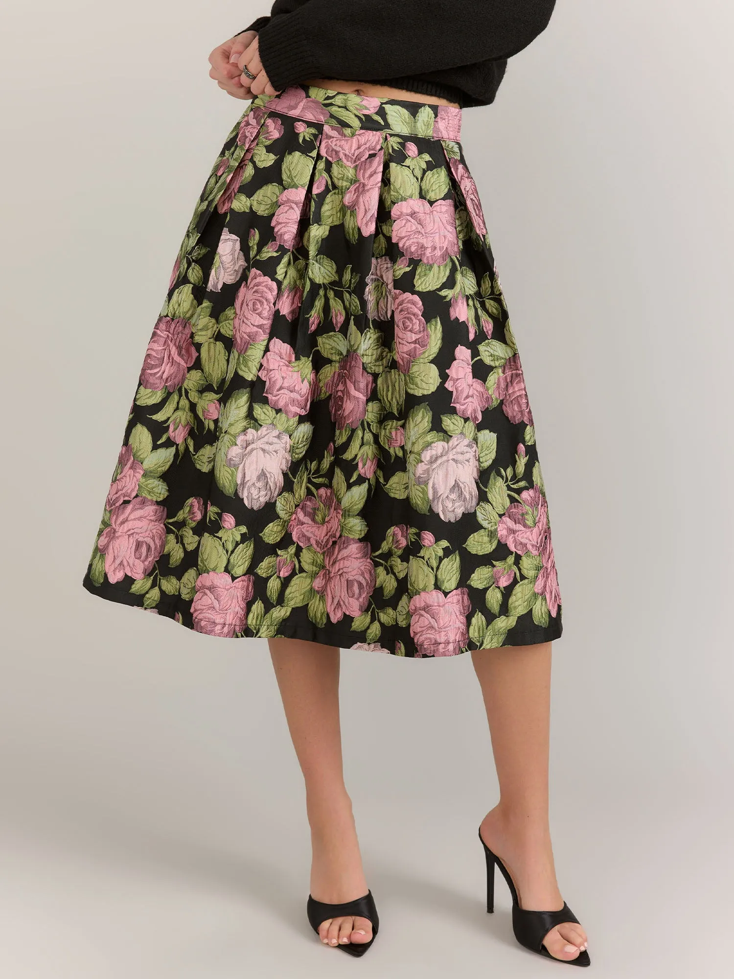 Vine Tree Rose Print Jacquard Box Pleat Midi Skirt - Brands We Love