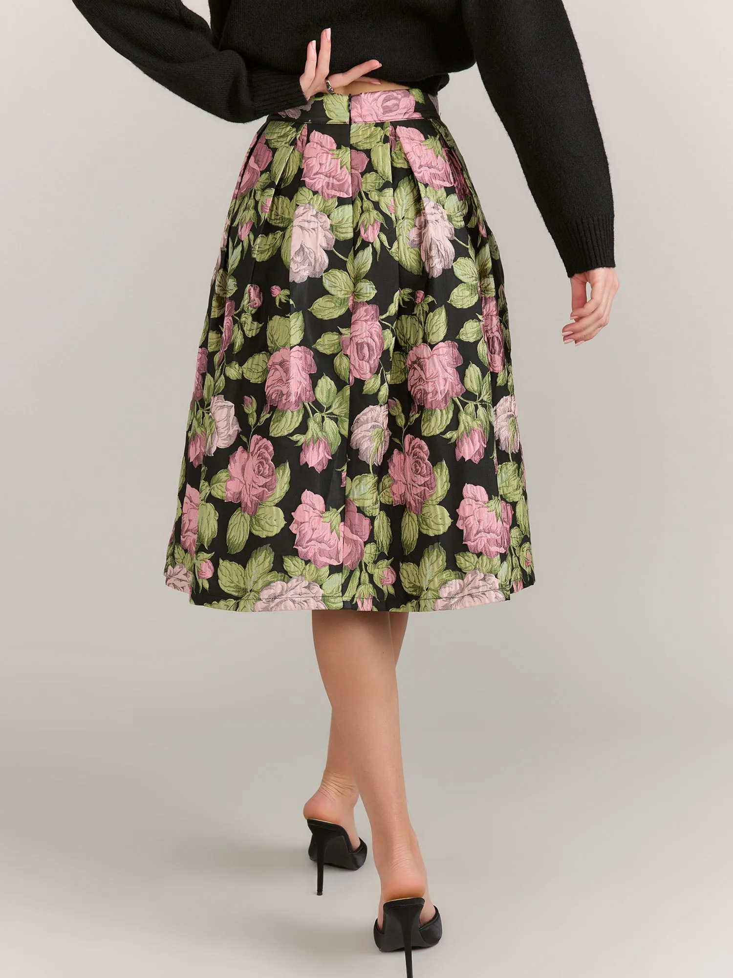 Vine Tree Rose Print Jacquard Box Pleat Midi Skirt - Brands We Love