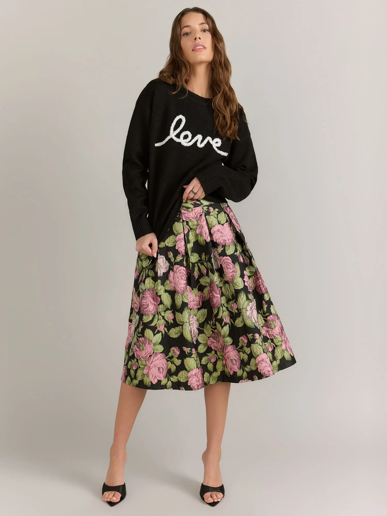 Vine Tree Rose Print Jacquard Box Pleat Midi Skirt - Brands We Love