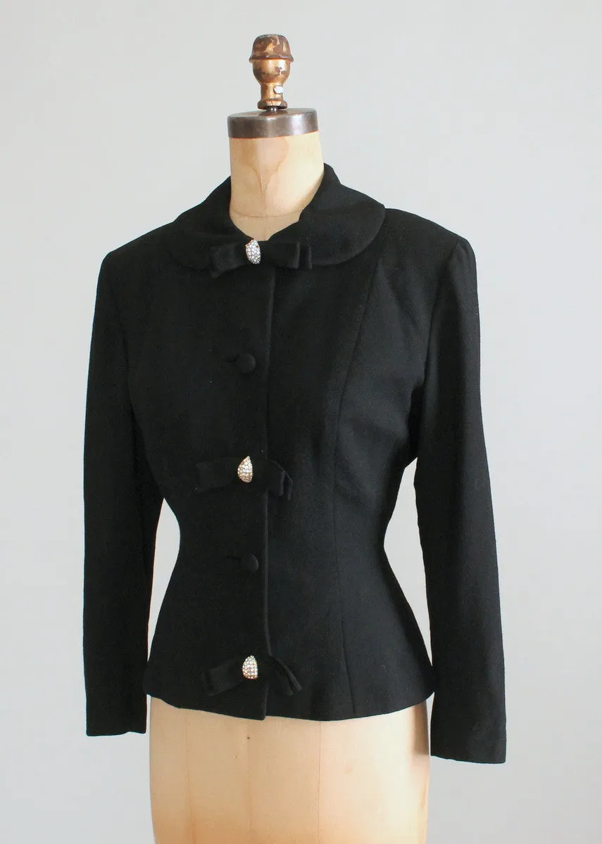 Vintage 1950s Lilli Ann Black Wool Jacket with Rhinestone Accents