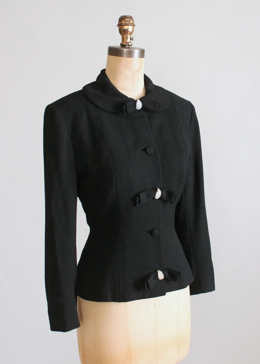 Vintage 1950s Lilli Ann Black Wool Jacket with Rhinestone Accents