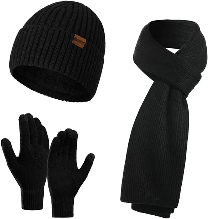 Winter Brown Thermal Knit Beanie Hat, Gloves & Scarf Set