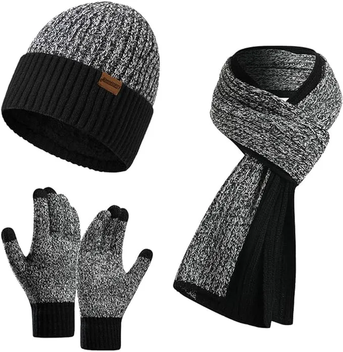 Winter Brown Thermal Knit Beanie Hat, Gloves & Scarf Set