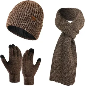 Winter Brown Thermal Knit Beanie Hat, Gloves & Scarf Set