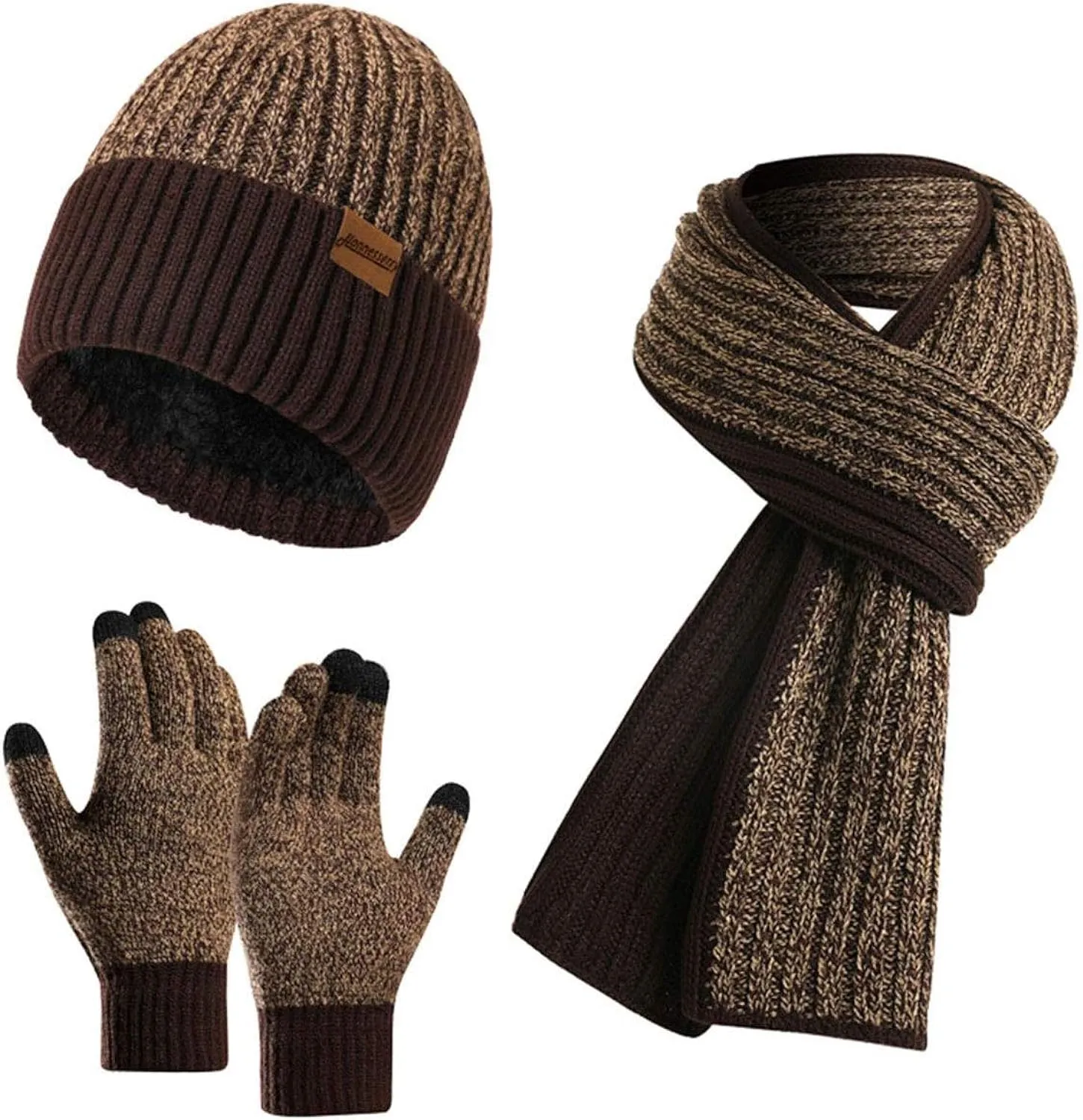 Winter Brown Thermal Knit Beanie Hat, Gloves & Scarf Set