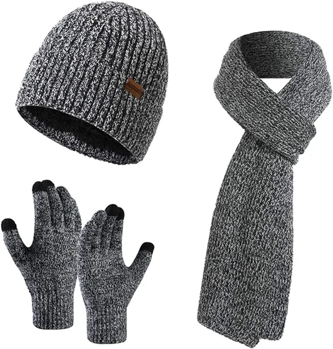 Winter Brown Thermal Knit Beanie Hat, Gloves & Scarf Set