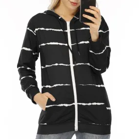 Women stripe printed sports drawstring zip up hoodies