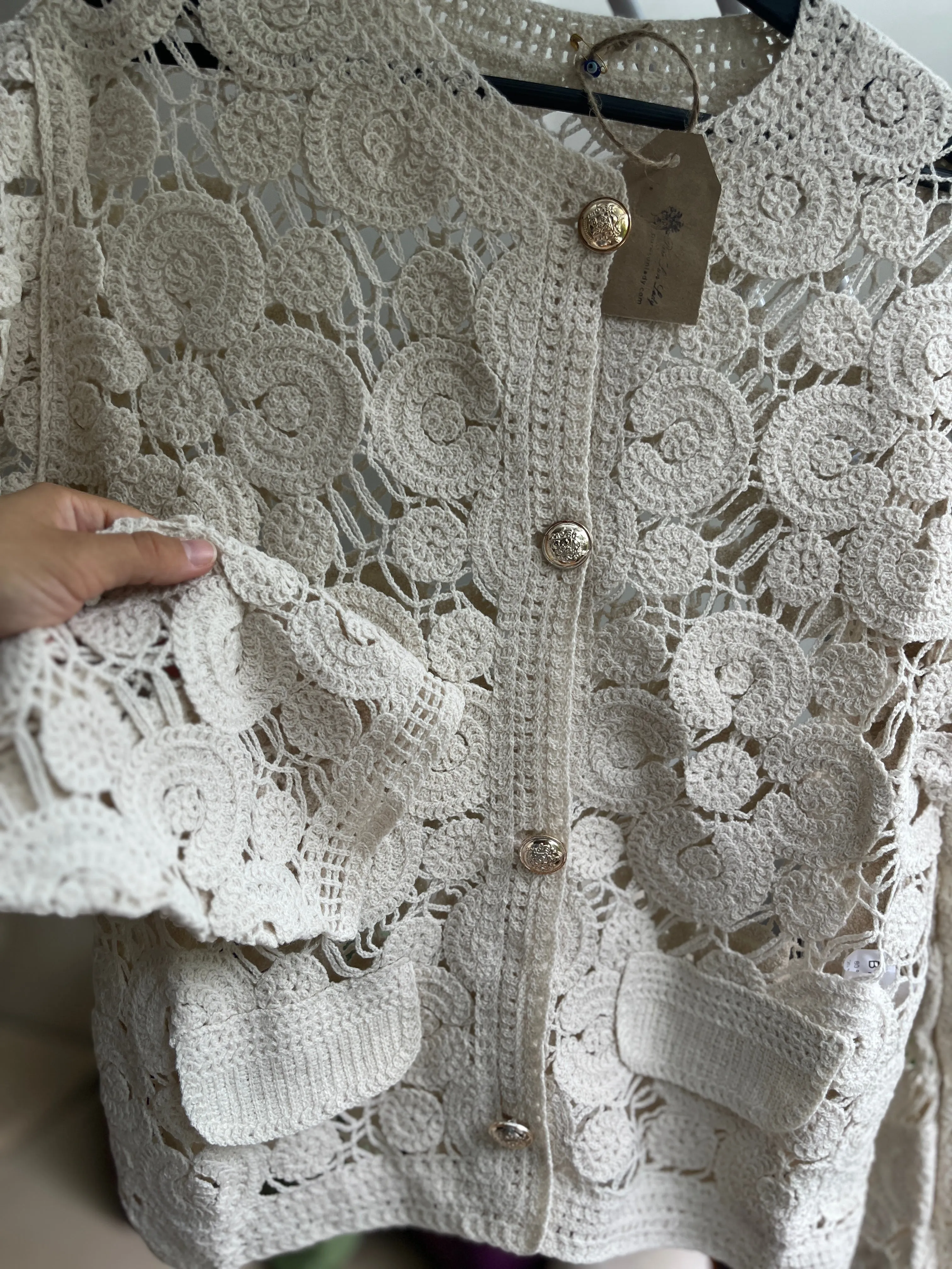 Women's Beige Crochet Cardigan with Button Detail | Romantic Style & Comfort