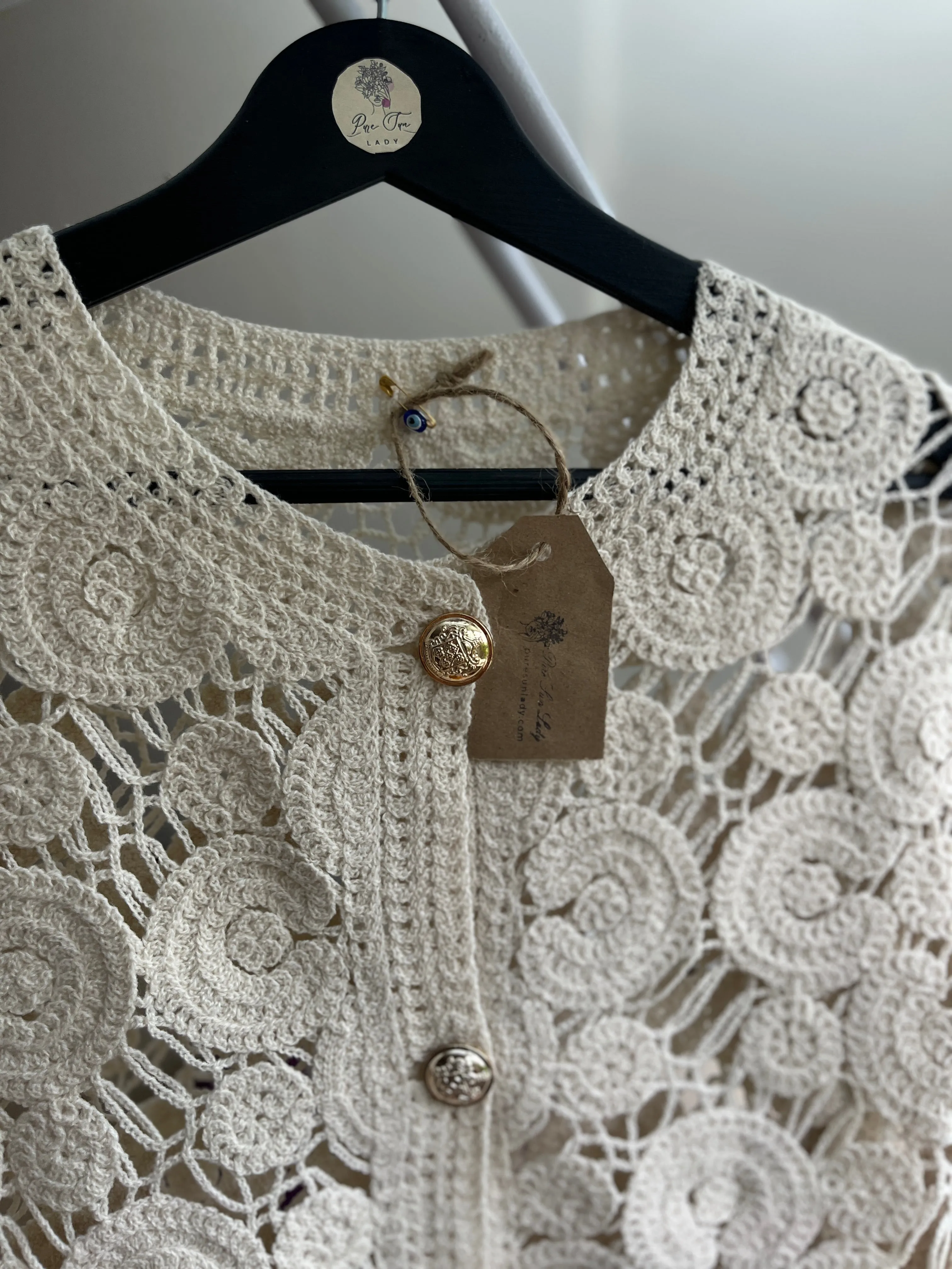 Women's Beige Crochet Cardigan with Button Detail | Romantic Style & Comfort