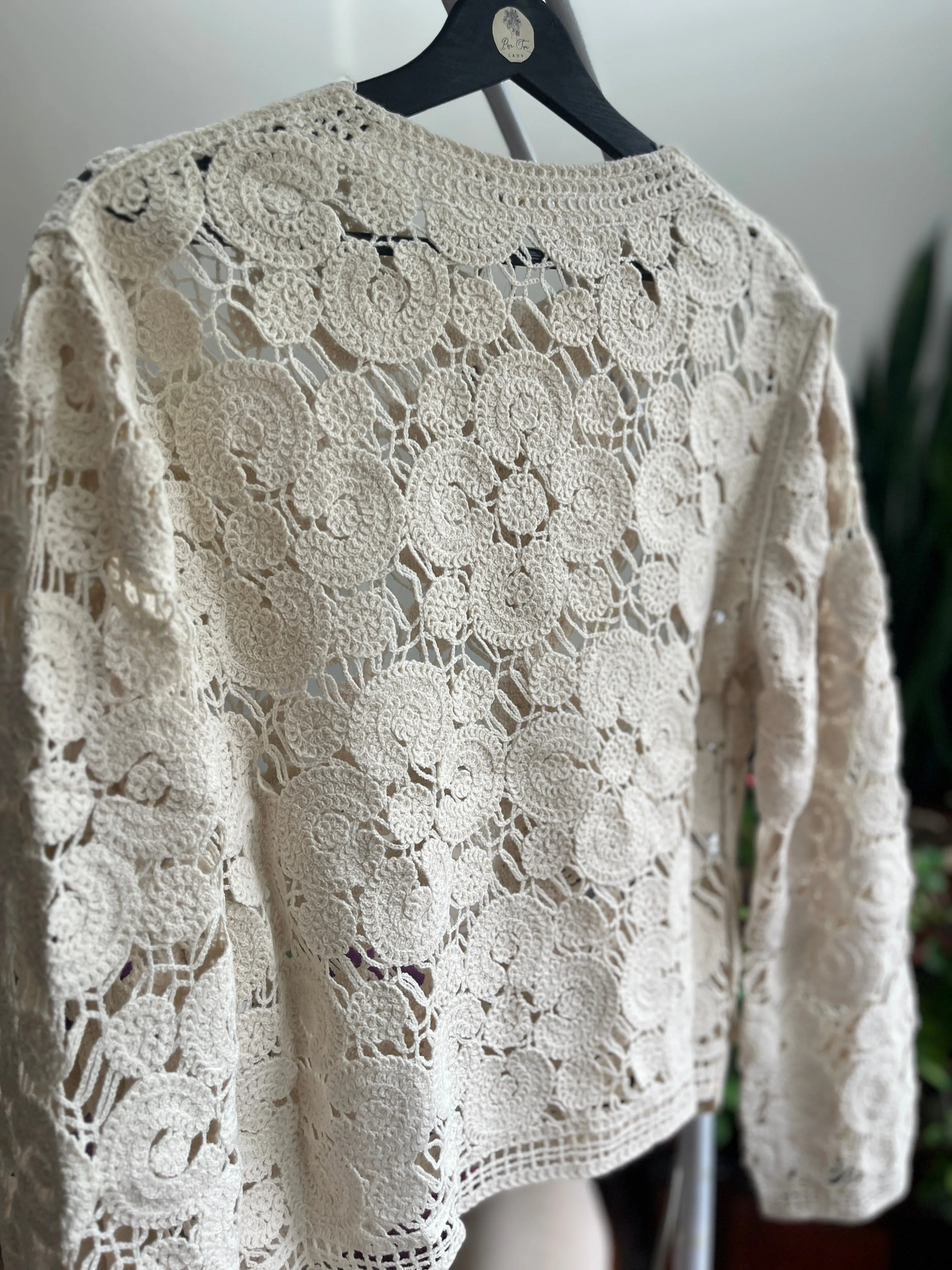 Women's Beige Crochet Cardigan with Button Detail | Romantic Style & Comfort