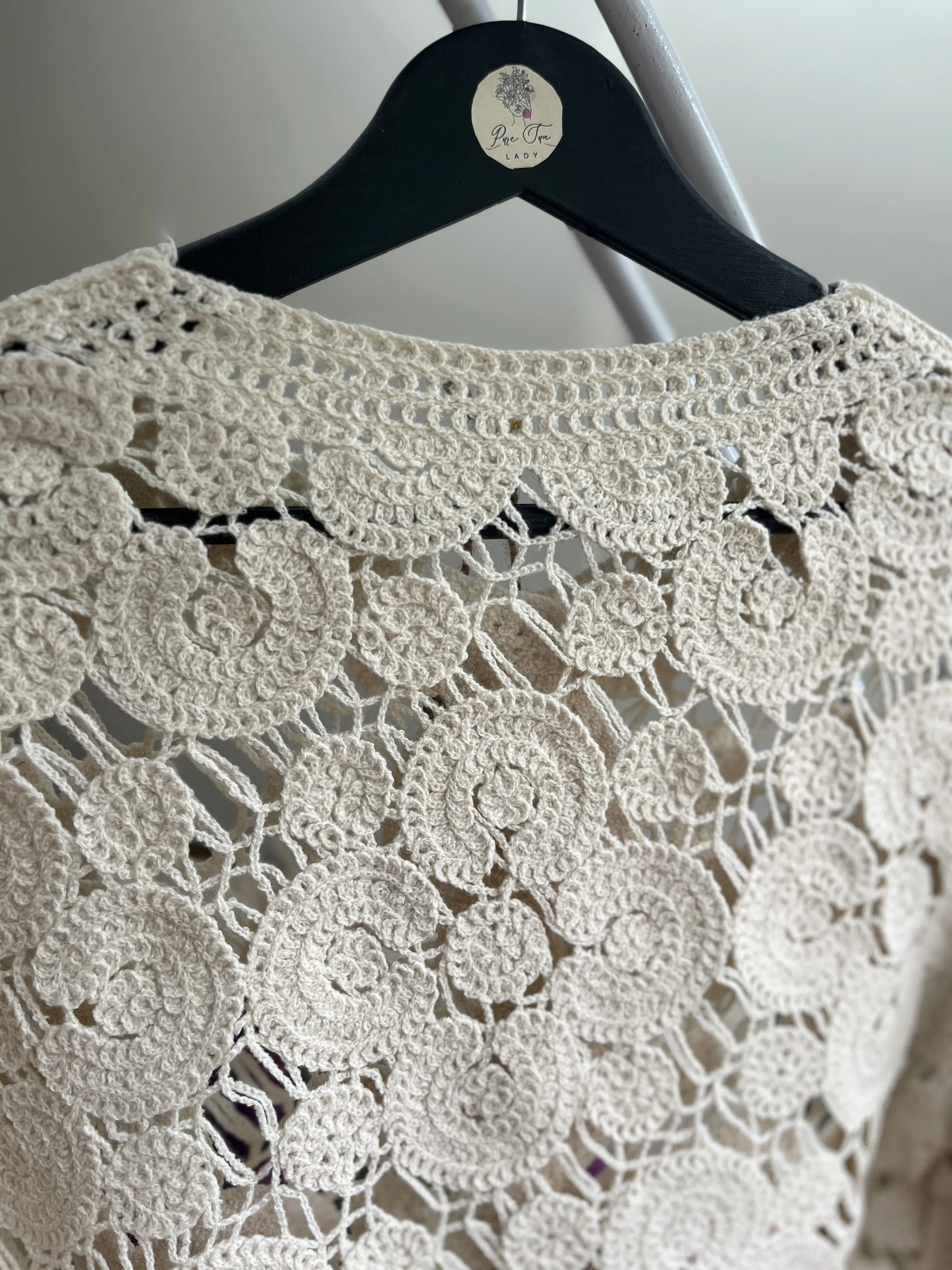 Women's Beige Crochet Cardigan with Button Detail | Romantic Style & Comfort