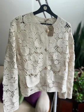 Women's Beige Crochet Cardigan with Button Detail | Romantic Style & Comfort