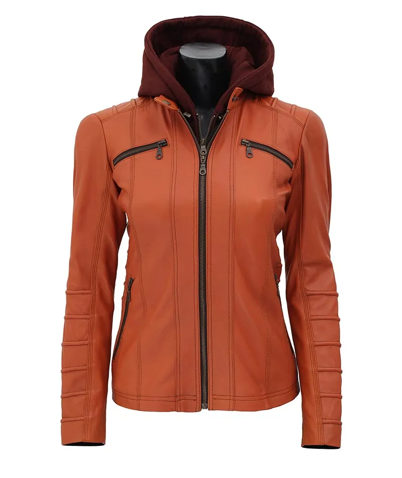 Women's Removable Hooded Leather Jacket