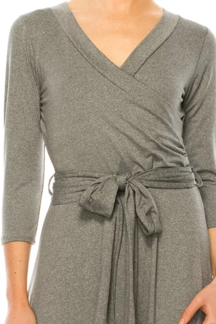 Women's Solid Grey Wrap Dress with V-Neckline, Waist Tie Detail