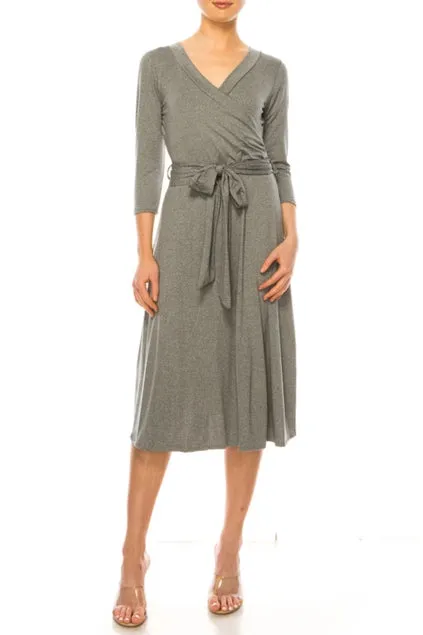 Women's Solid Grey Wrap Dress with V-Neckline, Waist Tie Detail