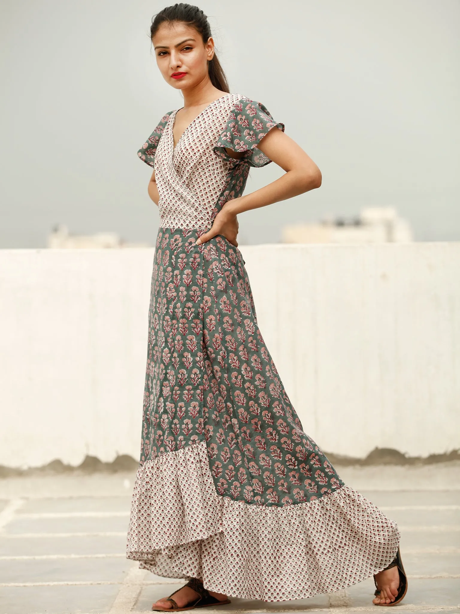 Wrap Round  - Block Printed Cotton Long Dress  - D367FXXX